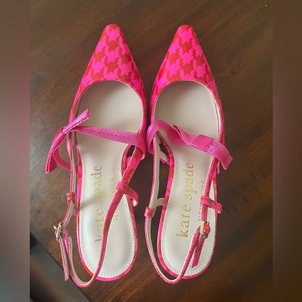 Kate Spade Pink Houndstooth Slingback Kitten Heels
